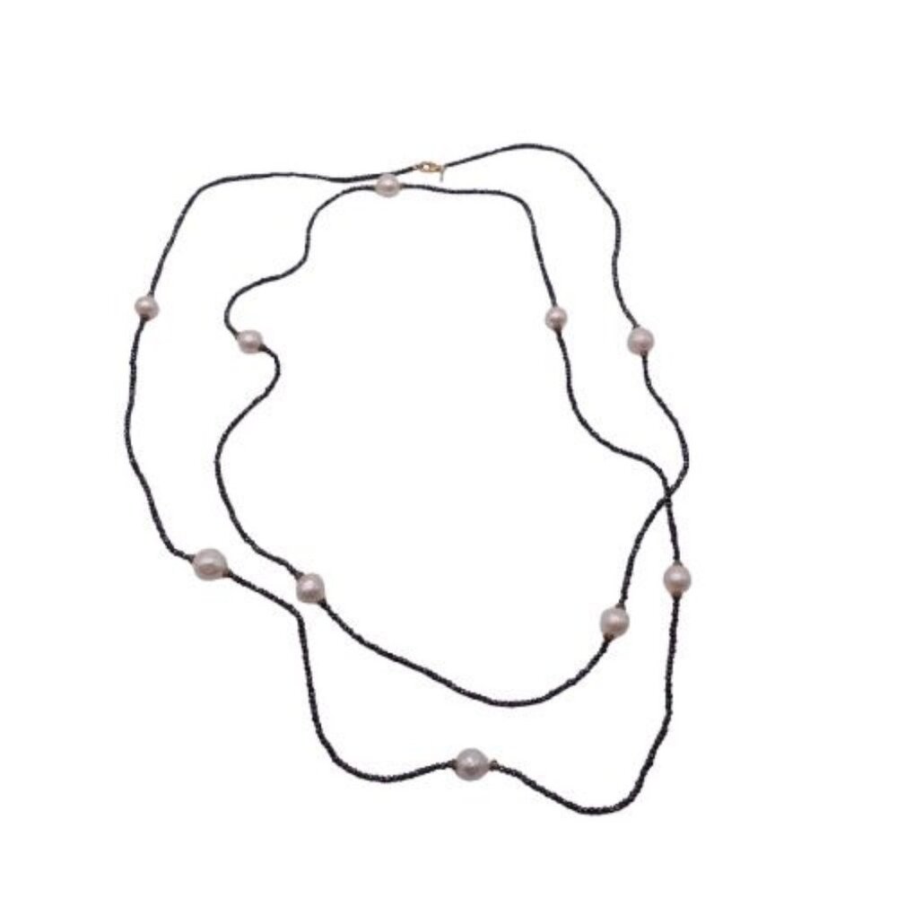 SB Long Black Spinel and Fresh Water Pearl Station Necklace with Lobster Clasp F